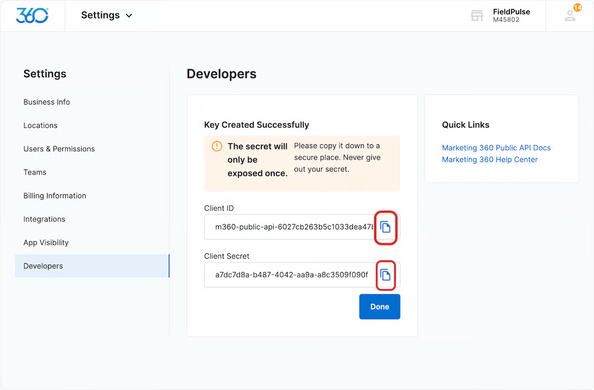 Key Created Successfully panel with Client ID and Client Secret copy buttons