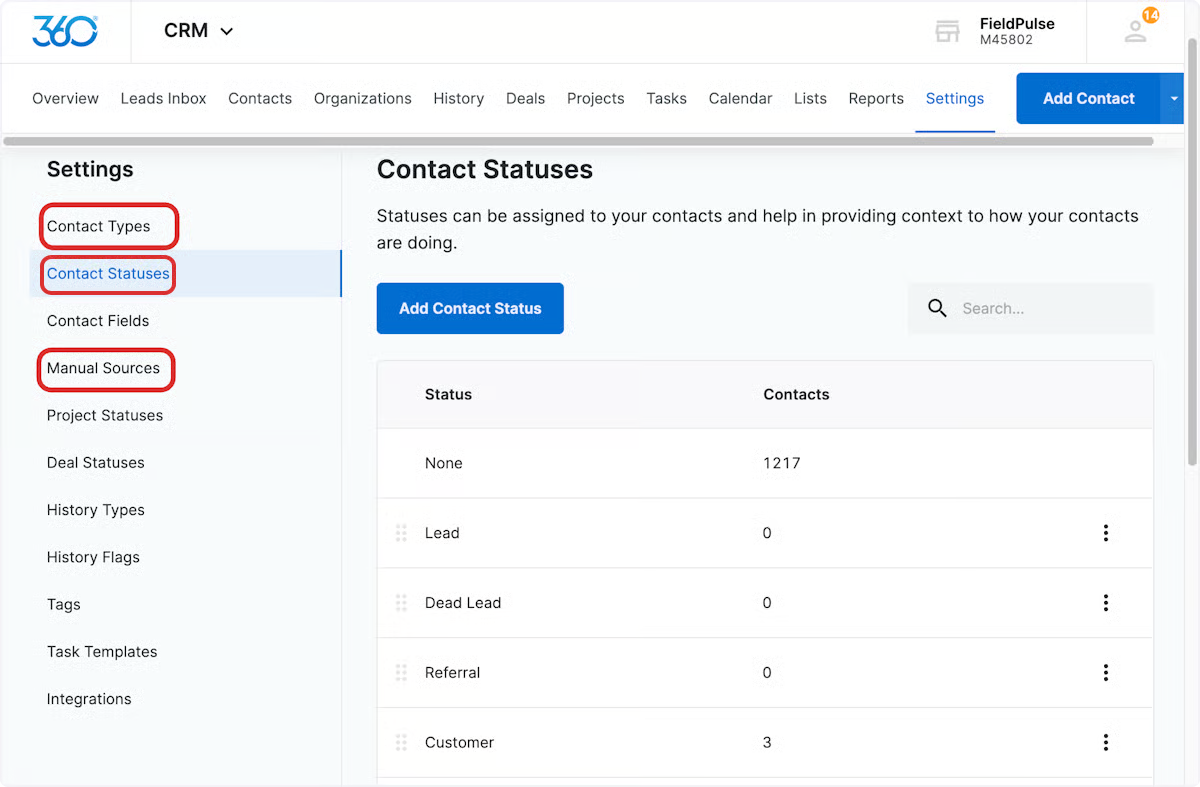 Marketing 360 CRM Settings with Contact Types, Contact Statuses, and Manual Sources highlighted
