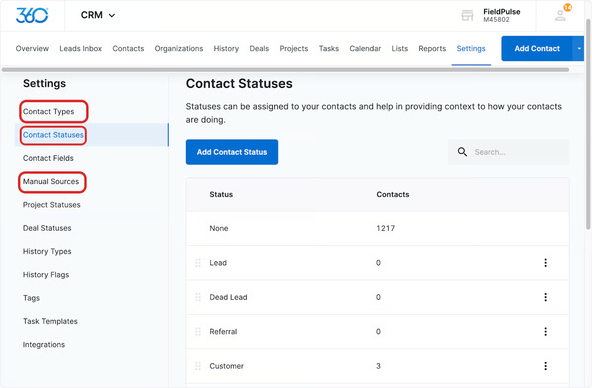 Marketing 360 CRM Settings with Contact Types, Contact Statuses, and Manual Sources highlighted