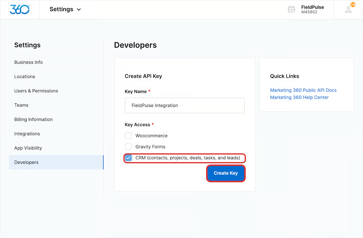 Create API Key form with the CRM checkbox selected and Create Key highlighted