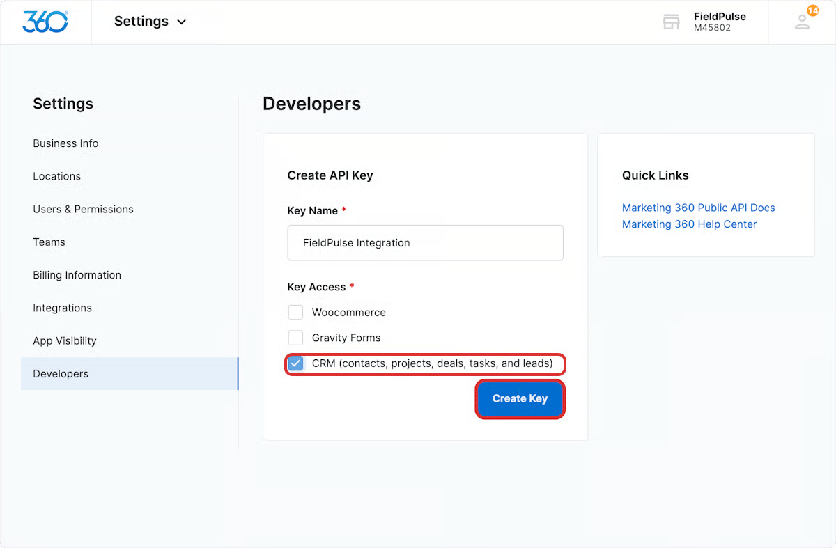 Create API Key form with the CRM checkbox selected and Create Key highlighted