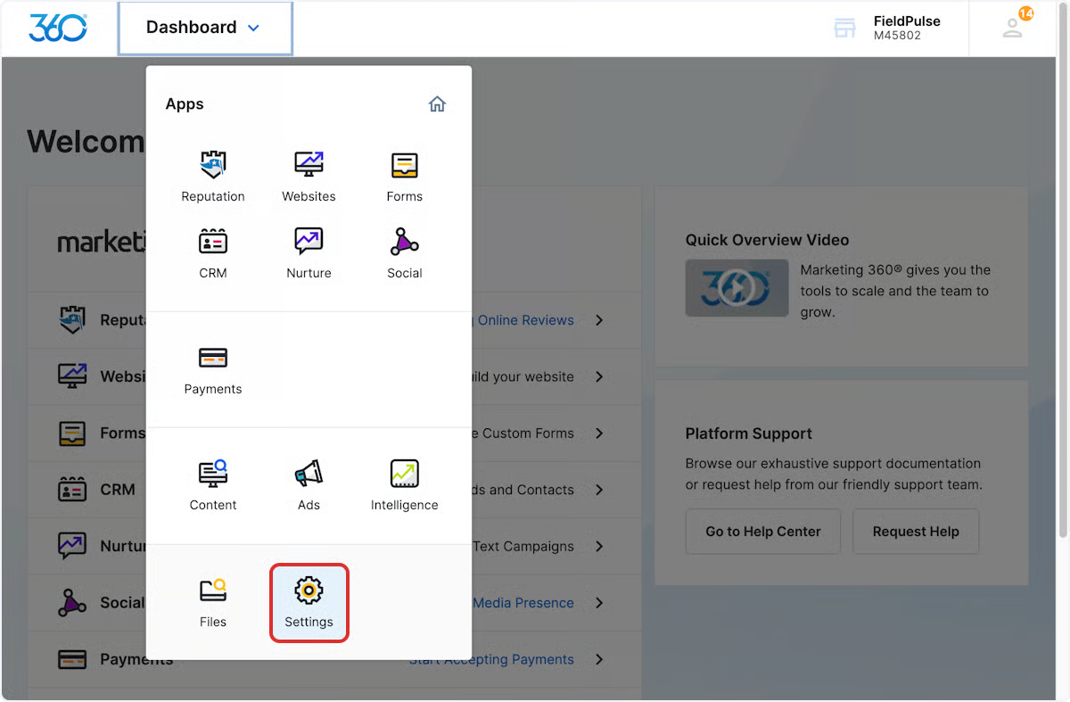 Marketing 360 Dashboard Apps menu with Settings highlighted
