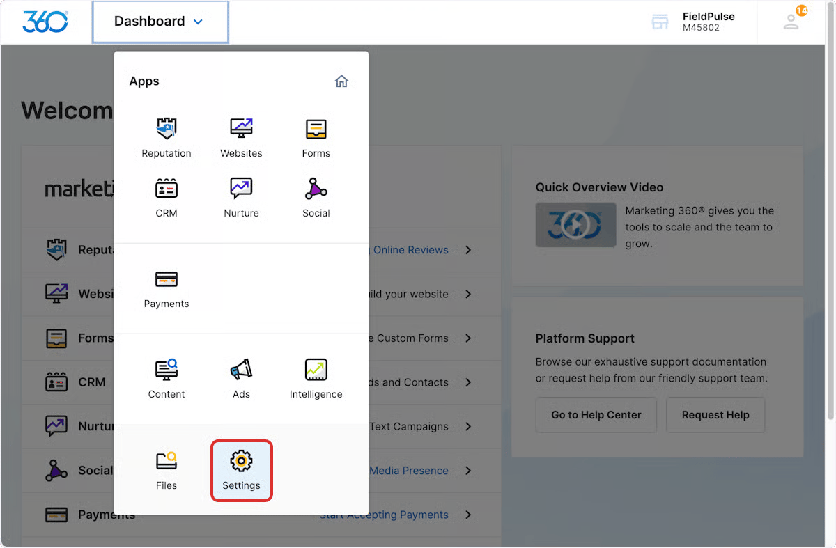 Marketing 360 Dashboard Apps menu with Settings highlighted