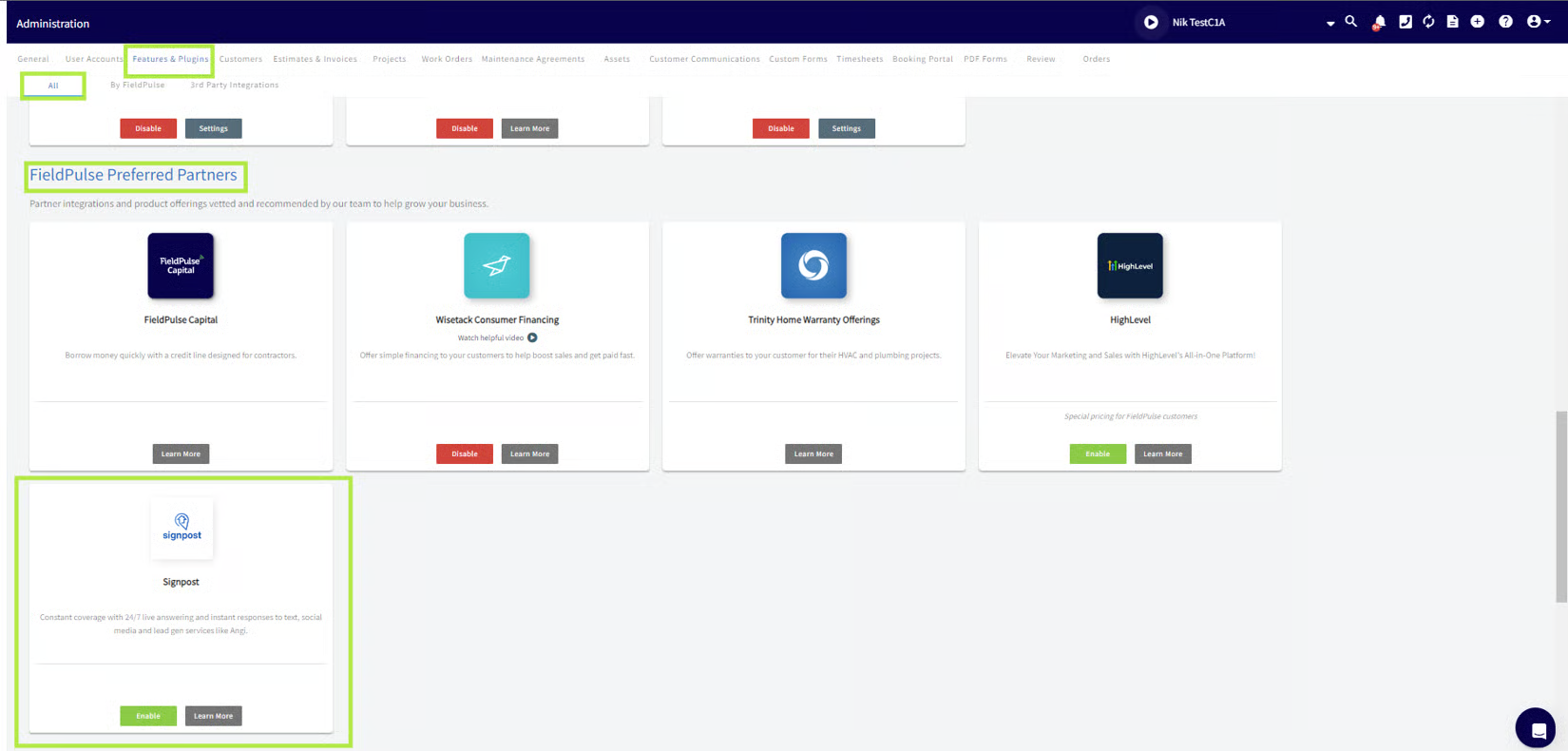 Signpost tile highlighted under FieldPulse Preferred Partners in Features & Plugins
