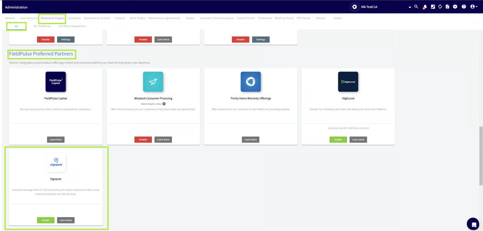 Signpost tile highlighted under FieldPulse Preferred Partners in Features & Plugins