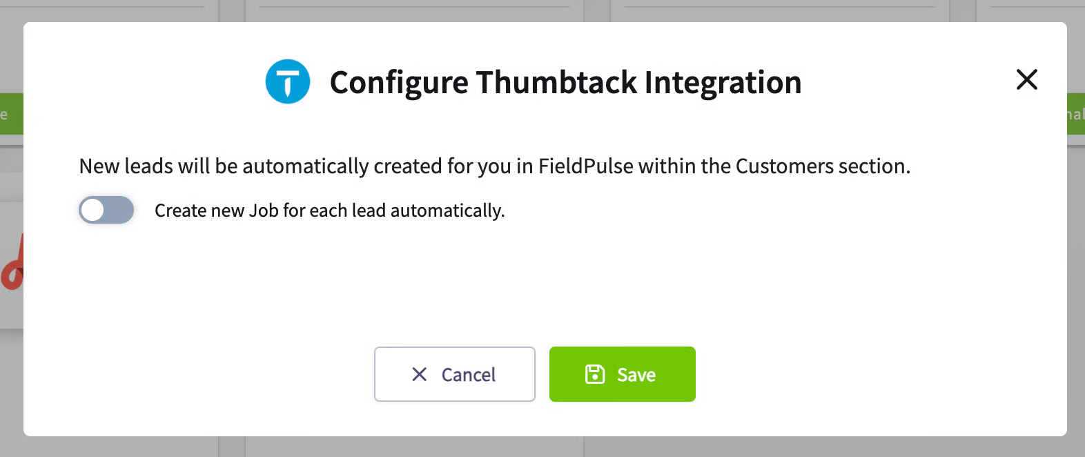 Configure Thumbtack Integration pop-up with the automatic Job creation toggle off