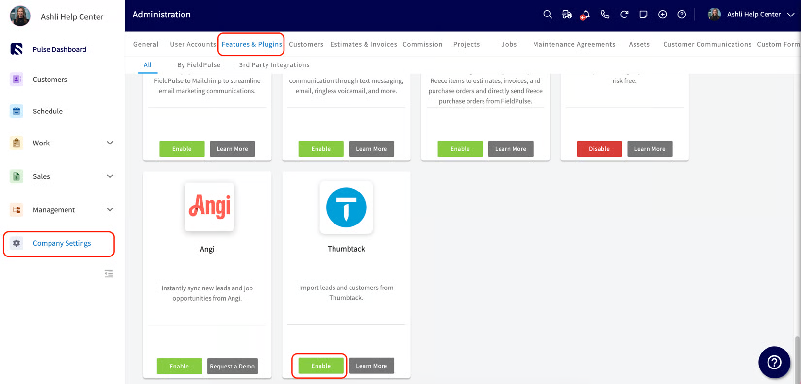 Thumbtack tile in FieldPulse Features & Plugins with the Enable button highlighted