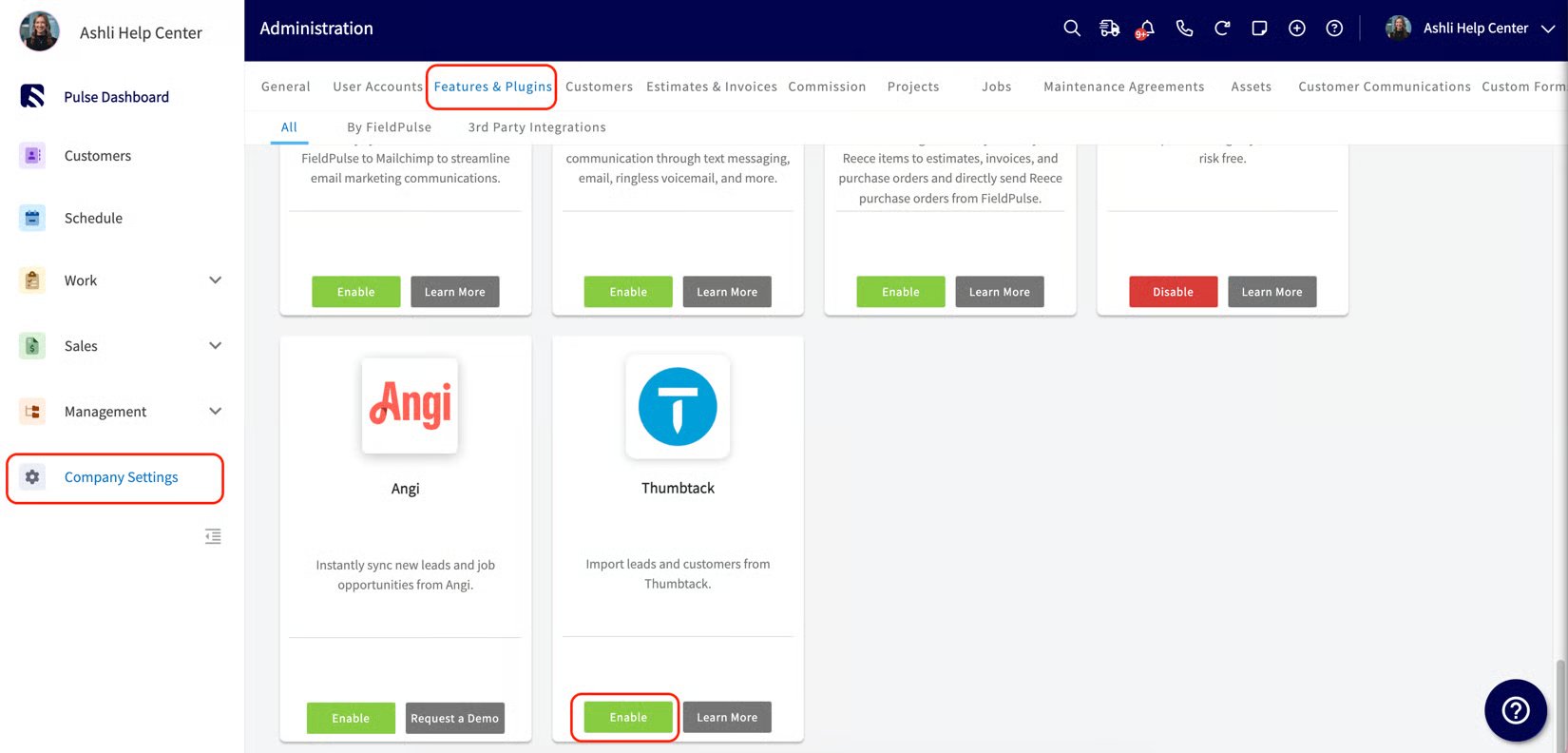 Thumbtack tile in FieldPulse Features & Plugins with the Enable button highlighted