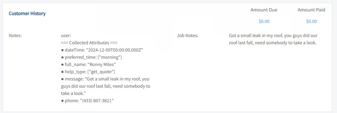 FieldPulse Customer History notes listing attributes collected by a XAPPAI chat lead