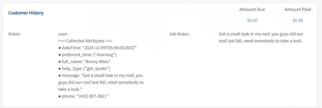 FieldPulse Customer History notes listing attributes collected by a XAPPAI chat lead
