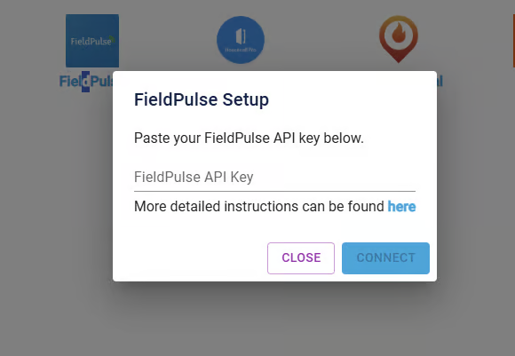 FieldPulse Setup dialog in XAPPAI with the API key field and Connect button