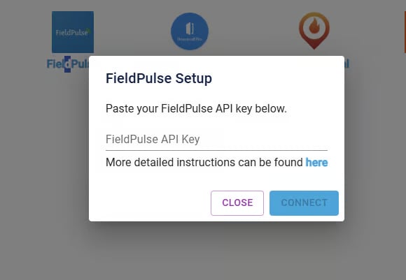 FieldPulse Setup dialog in XAPPAI with the API key field and Connect button