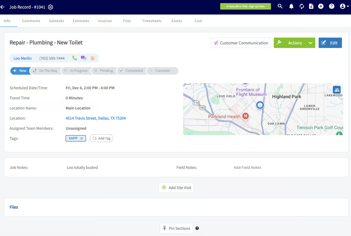 FieldPulse Job Record for a plumbing repair tagged XAPP with a scheduled time