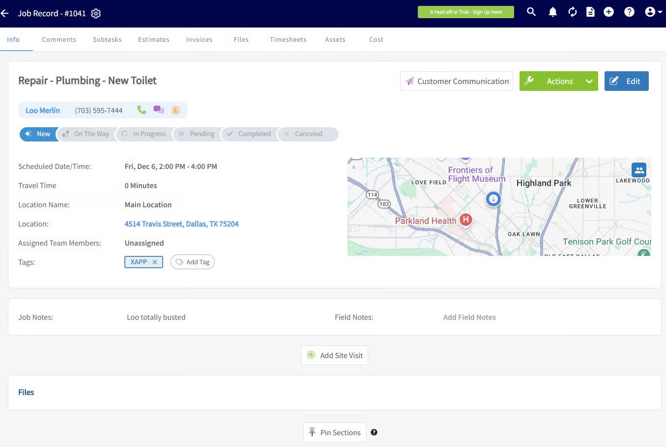 FieldPulse Job Record for a plumbing repair tagged XAPP with a scheduled time