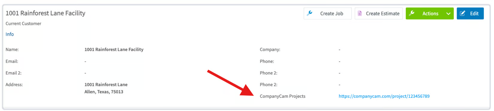 FieldPulse customer record Info panel showing a linked CompanyCam Projects URL