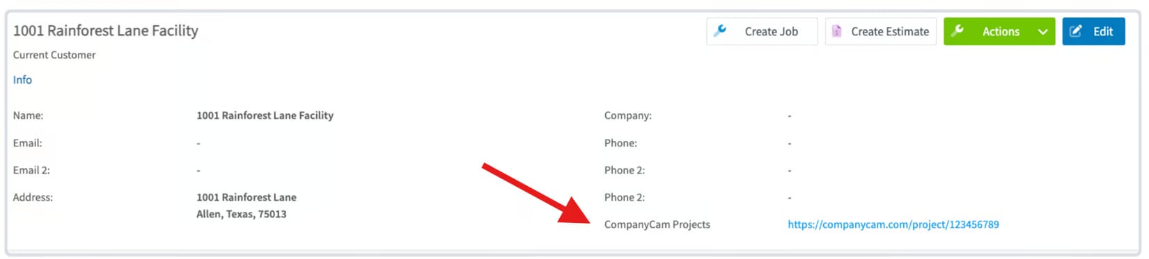 FieldPulse customer record Info panel showing a linked CompanyCam Projects URL