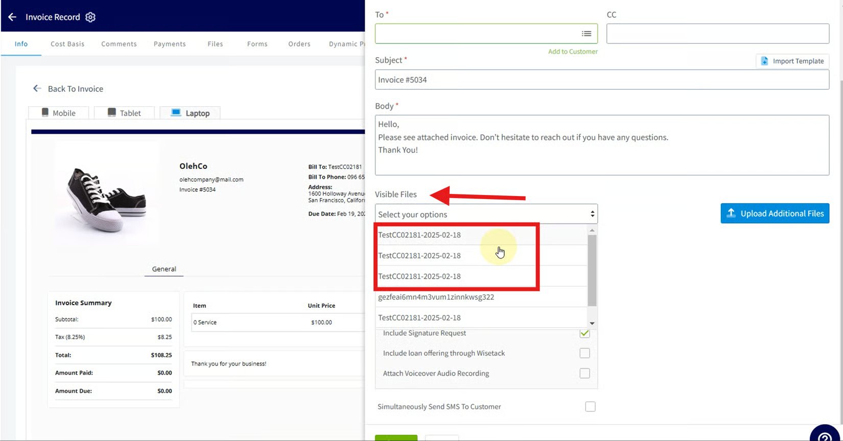 Invoice send form with the Visible Files dropdown open listing attachable synced photos