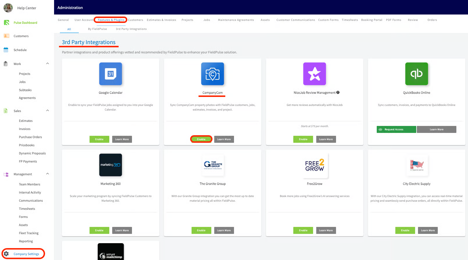 FieldPulse Features & Plugins page with the CompanyCam card's Enable button highlighted