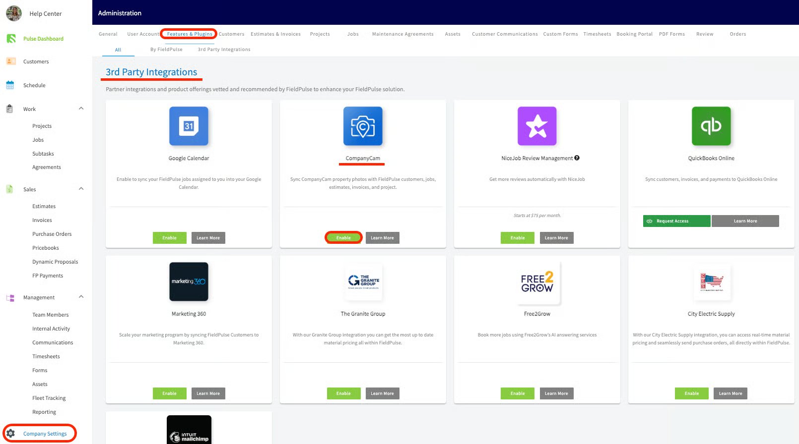 FieldPulse Features & Plugins page with the CompanyCam card's Enable button highlighted