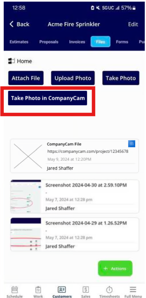 FieldPulse mobile Files tab with the Take Photo in CompanyCam button and a synced file