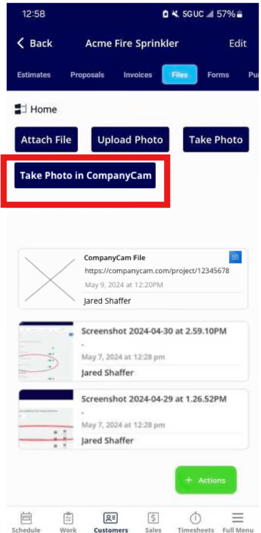 FieldPulse mobile Files tab with the Take Photo in CompanyCam button and a synced file