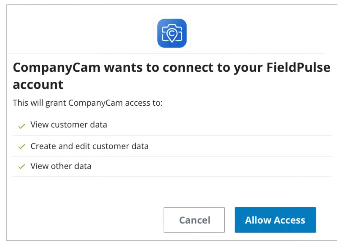 CompanyCam authorization dialog requesting access to your FieldPulse account, with an Allow Access button