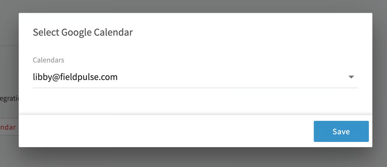 Select Google Calendar dialog with the Calendars dropdown and a Save button