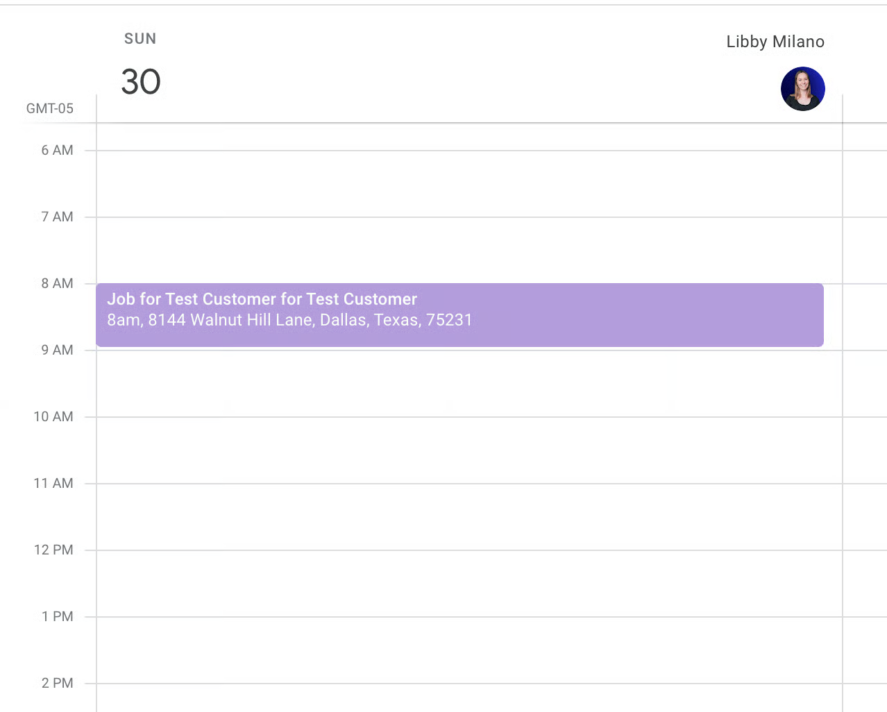 Google Calendar day view showing a synced FieldPulse job event with time and address