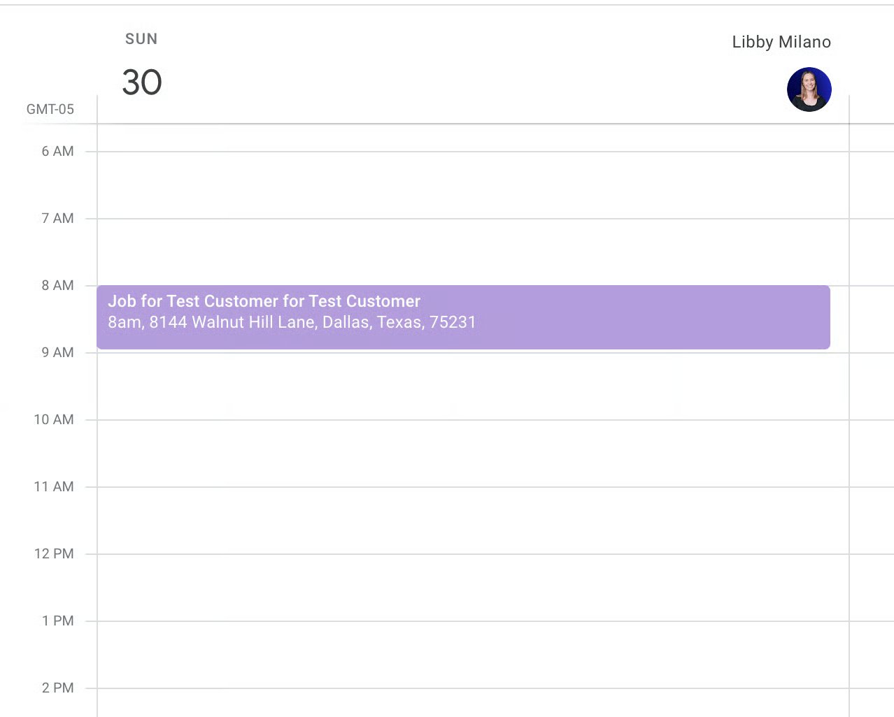 Google Calendar day view showing a synced FieldPulse job event with time and address