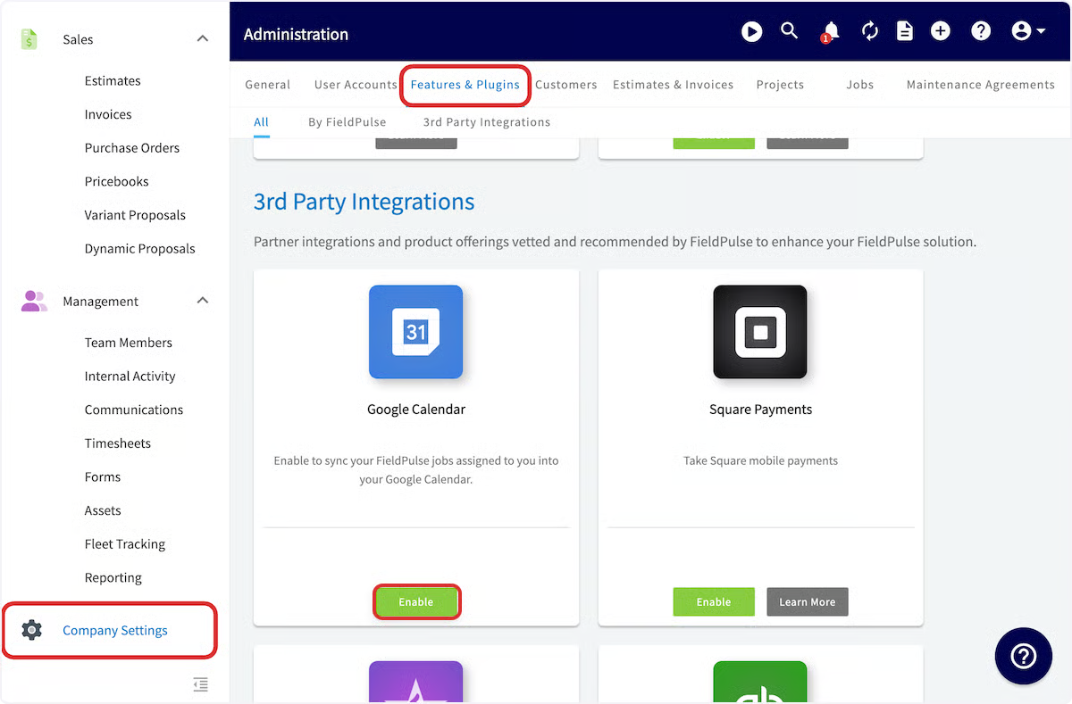 FieldPulse Features & Plugins page with the Google Calendar card's Enable button highlighted