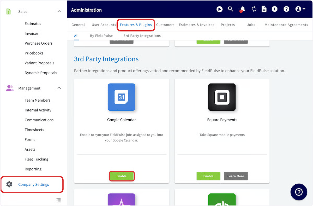 FieldPulse Features & Plugins page with the Google Calendar card's Enable button highlighted