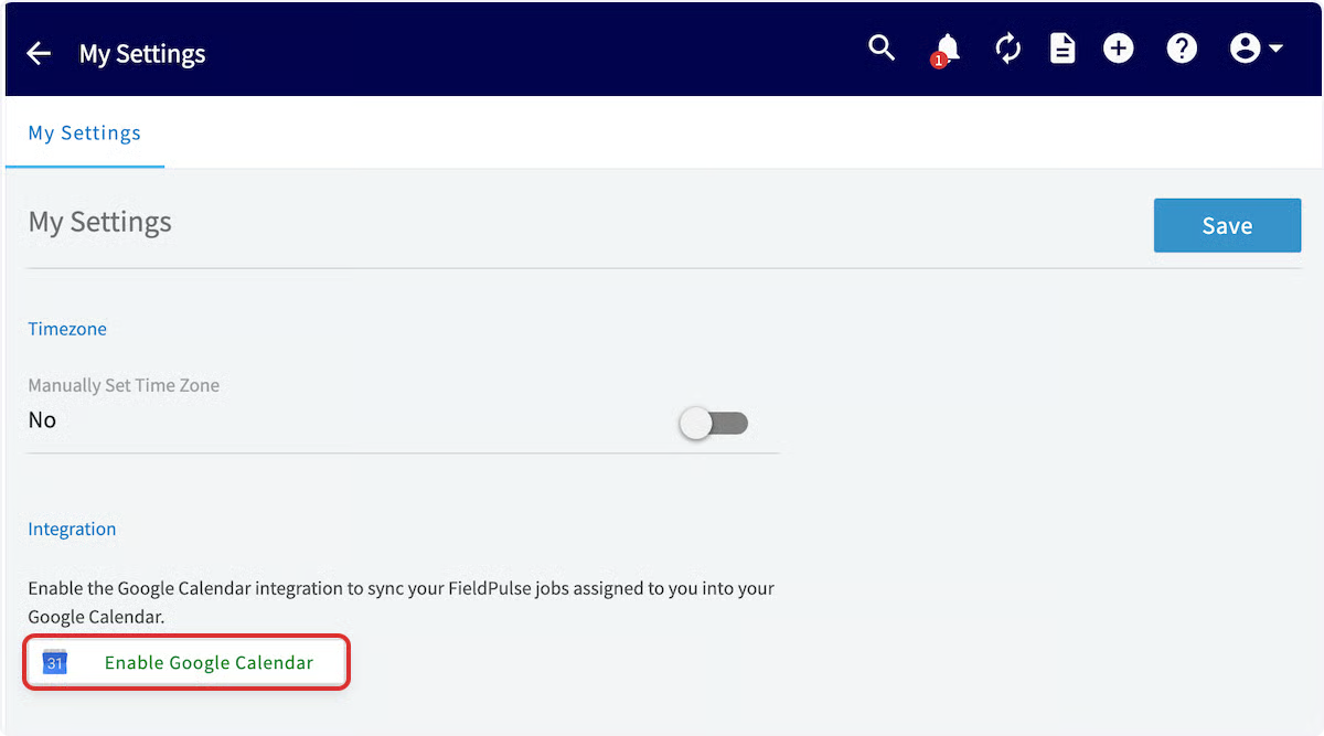 FieldPulse My Settings page with the Enable Google Calendar link highlighted under Integration