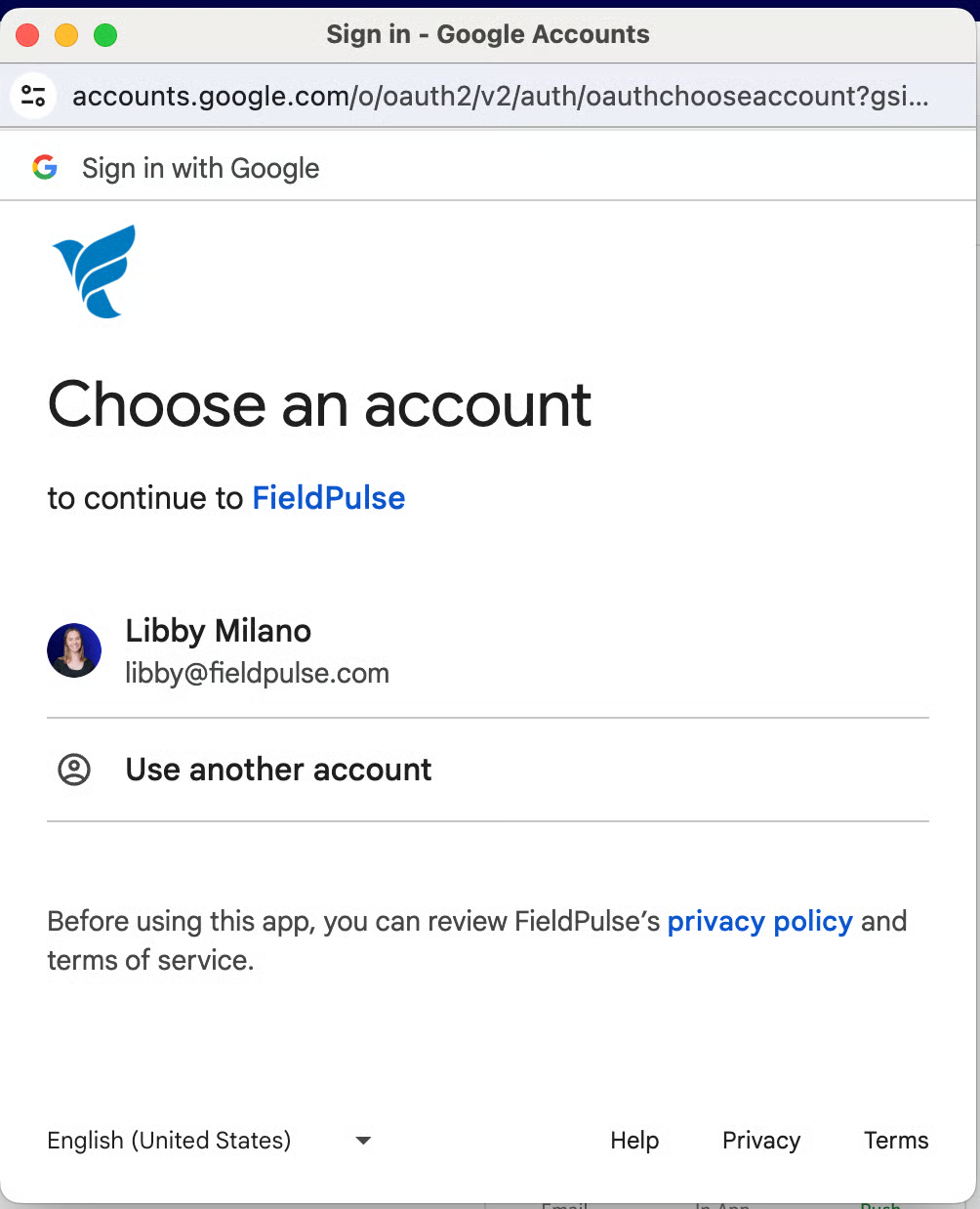 Google sign-in window prompting you to choose an account to continue to FieldPulse