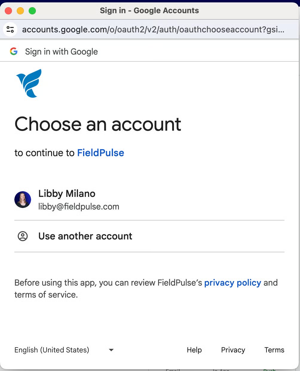 Google sign-in window prompting you to choose an account to continue to FieldPulse