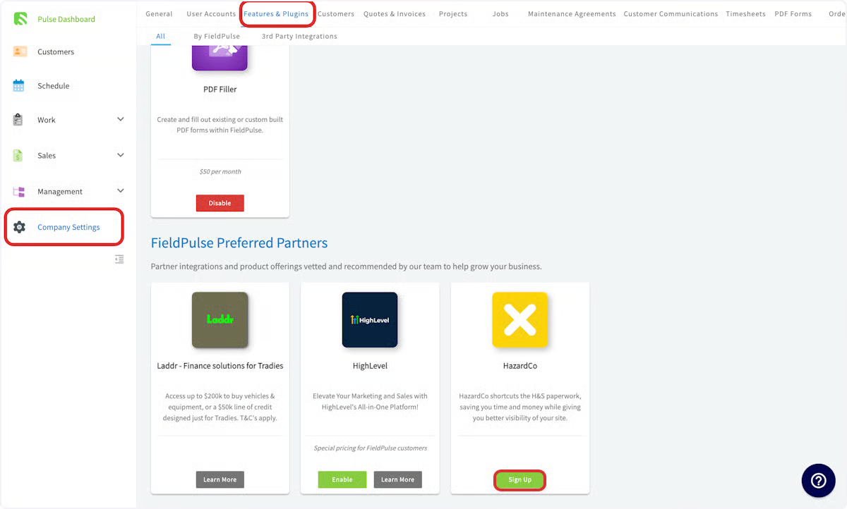 FieldPulse Preferred Partners section with the HazardCo card's Sign Up button highlighted