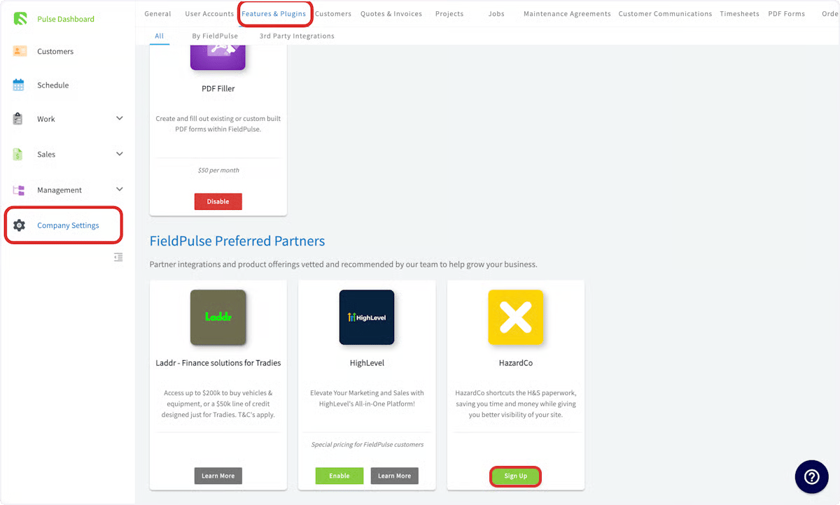 FieldPulse Preferred Partners section with the HazardCo card's Sign Up button highlighted