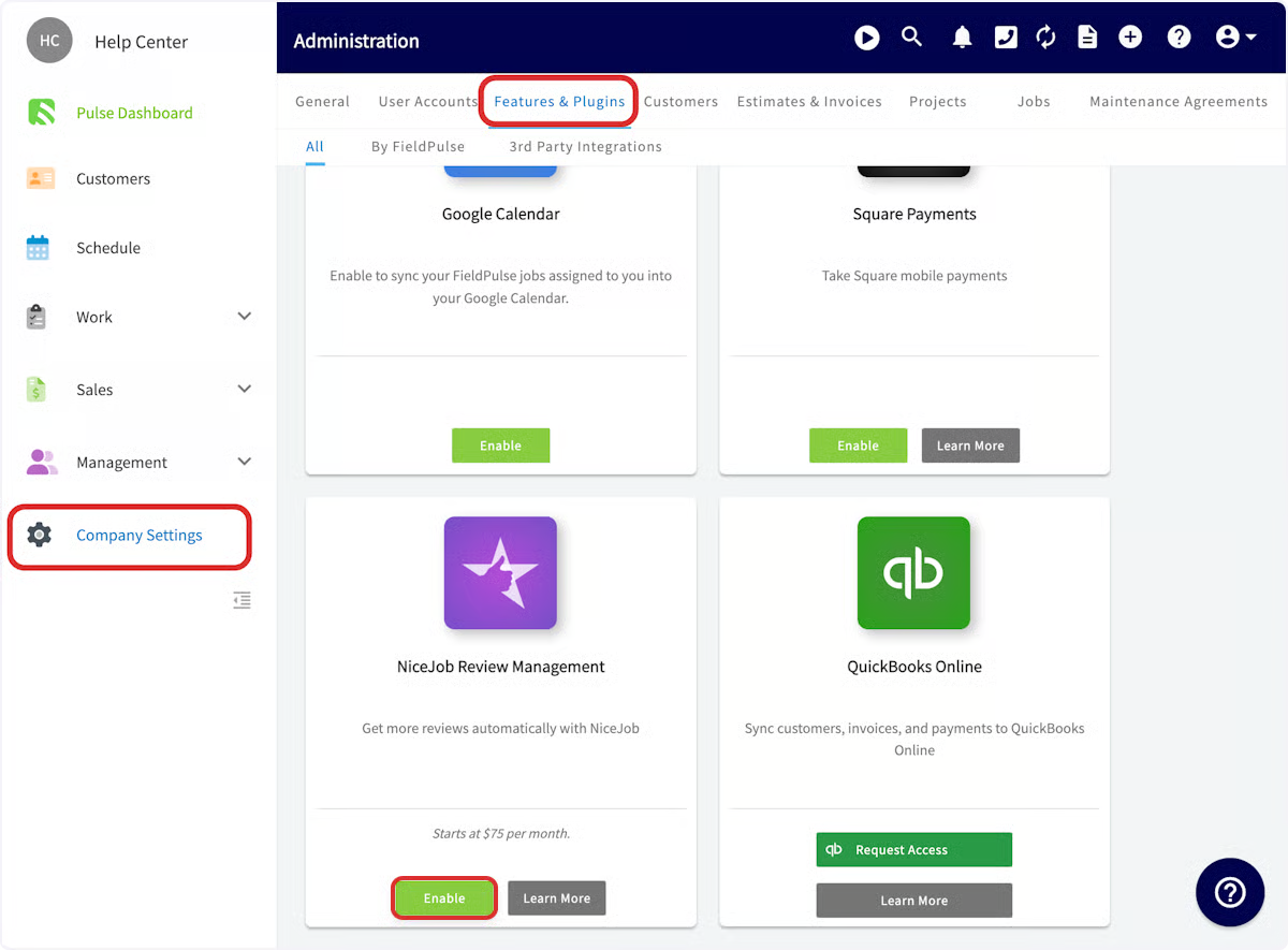 FieldPulse Features & Plugins page with the NiceJob Review Management Enable button highlighted
