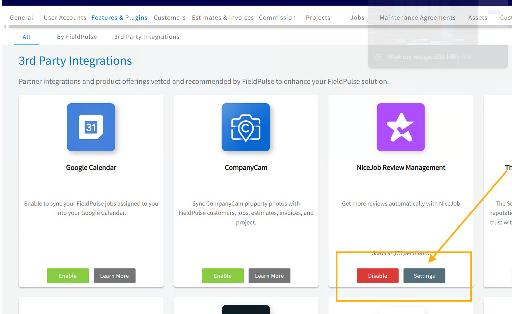 NiceJob Review Management card in 3rd Party Integrations with the Settings button highlighted