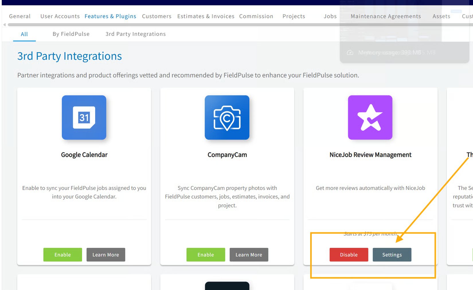 NiceJob Review Management card in 3rd Party Integrations with the Settings button highlighted