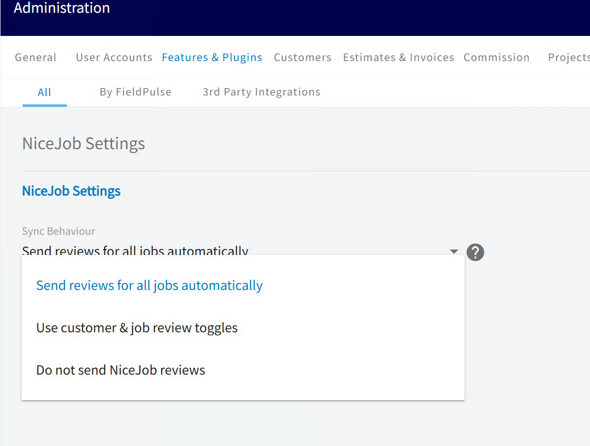 NiceJob Settings page with the Sync Behaviour dropdown open showing three review options