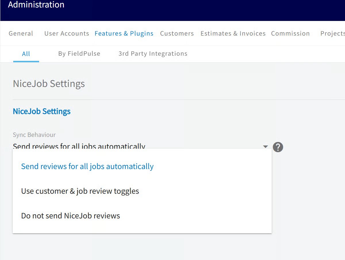 NiceJob Settings page with the Sync Behaviour dropdown open showing three review options