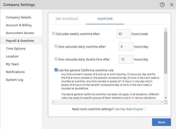 QuickBooks Time Company Settings Overtime tab with weekly and daily overtime thresholds