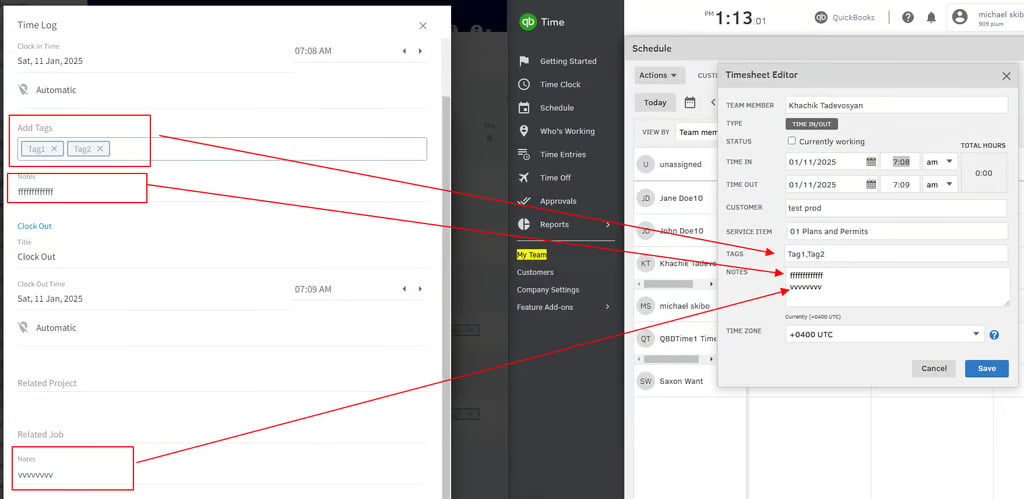 FieldPulse Time Log fields mapped by arrows to the QuickBooks Time Timesheet Editor