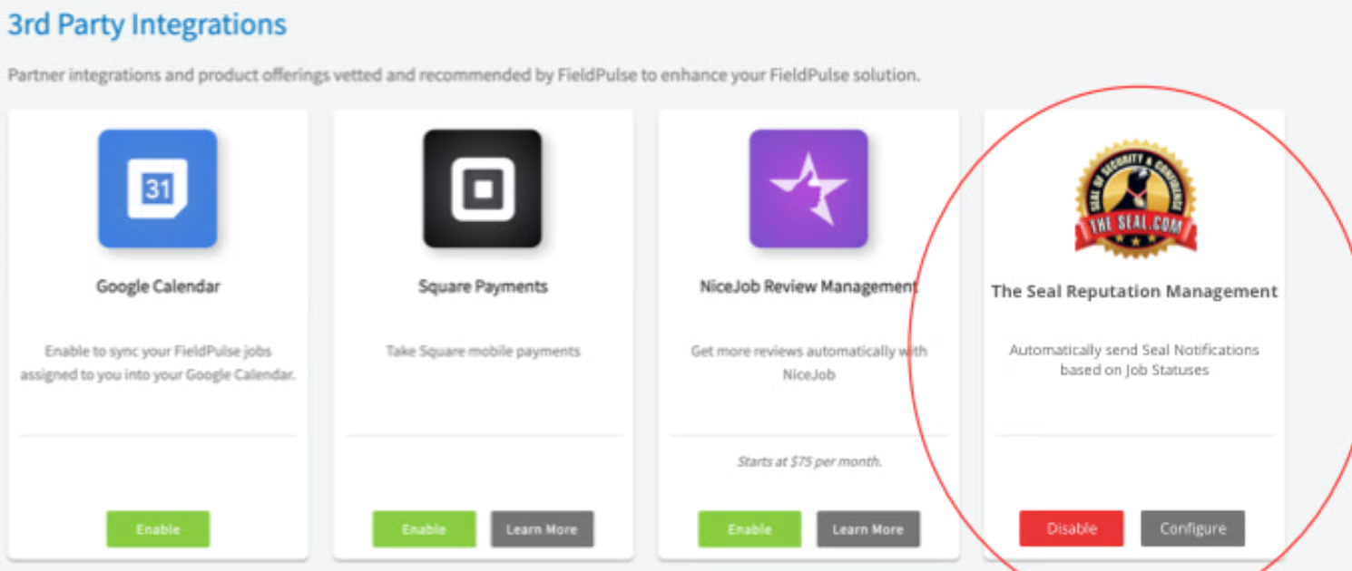 The Seal Reputation Management card highlighted in the 3rd Party Integrations list