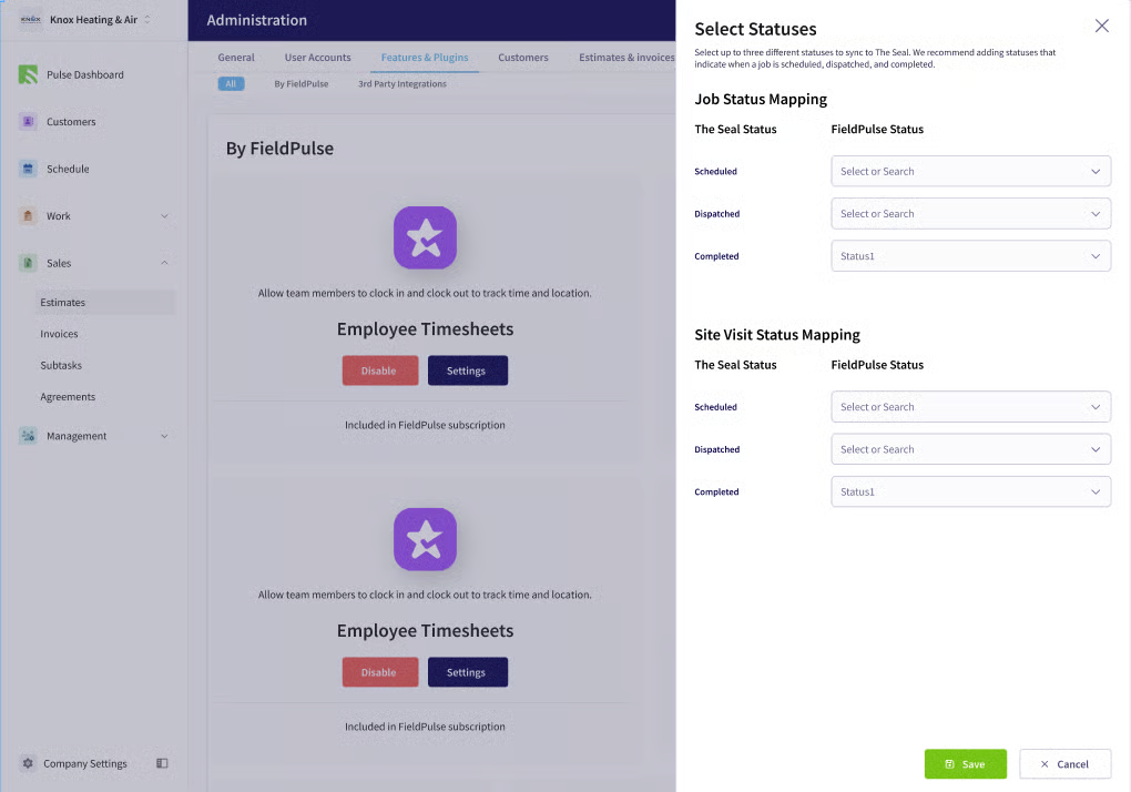 Select Statuses panel mapping The Seal's Scheduled, Dispatched, and Completed statuses to FieldPulse