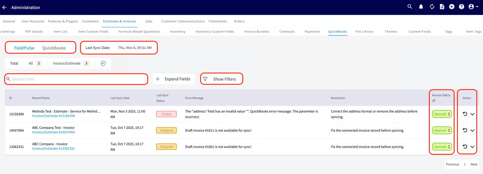 Statistic page listing unsuccessful records with error messages, resolutions and review status