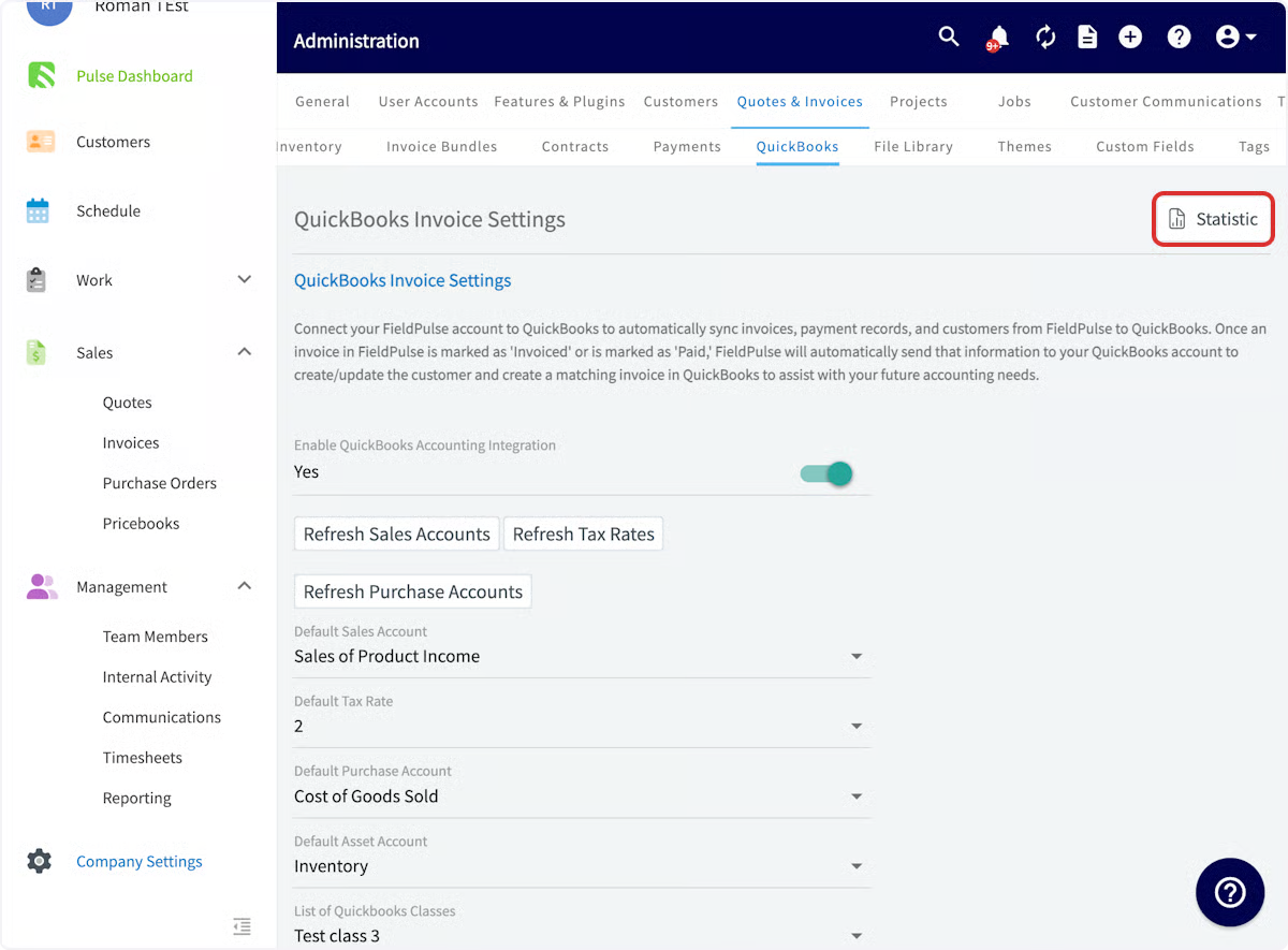 Statistic button highlighted at the top right of QuickBooks Invoice Settings