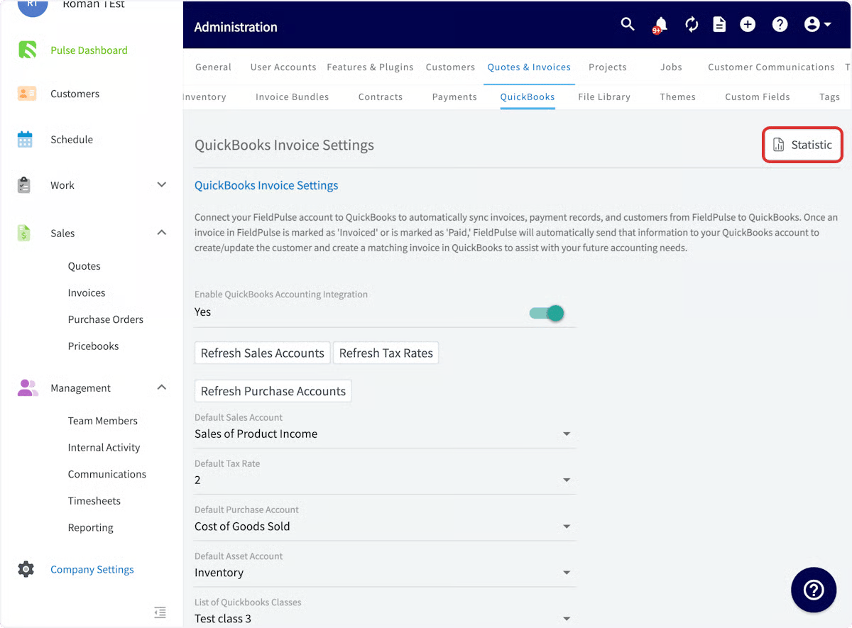 Statistic button highlighted at the top right of QuickBooks Invoice Settings
