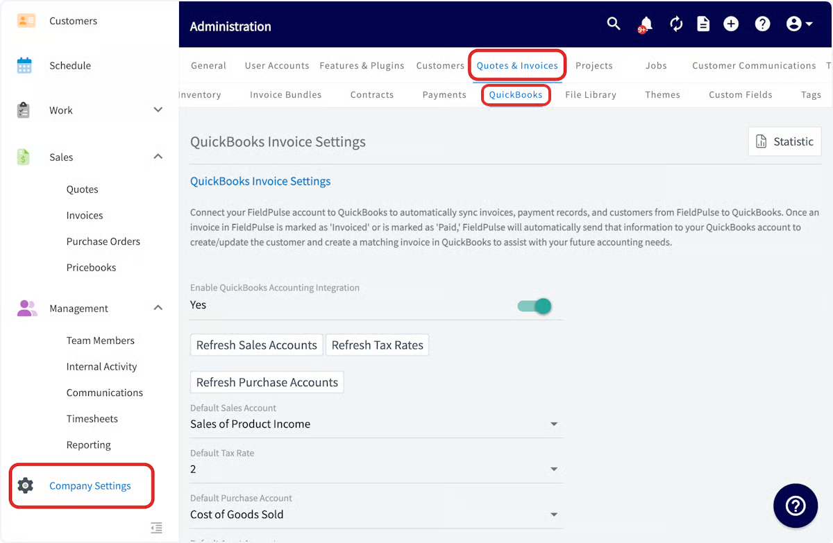QuickBooks Invoice Settings page opened from Company Settings with the QuickBooks tab highlighted