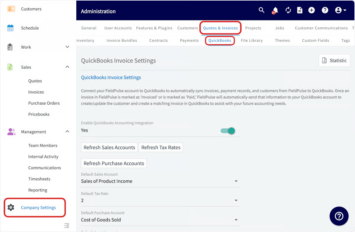 QuickBooks Invoice Settings page opened from Company Settings with the QuickBooks tab highlighted
